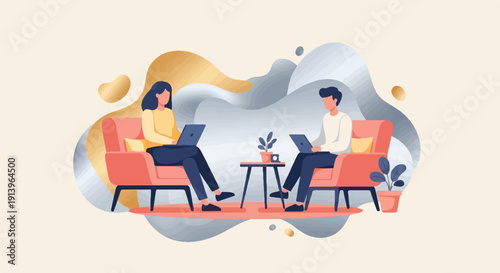 Two people in comfortable chairs, each with a laptop, in a stylized room