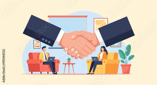 Two colleagues shaking hands over laptops on armchairs