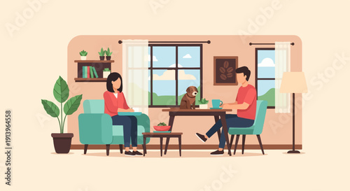 Two people and a dog enjoying a cozy moment indoors, with plants and a window view