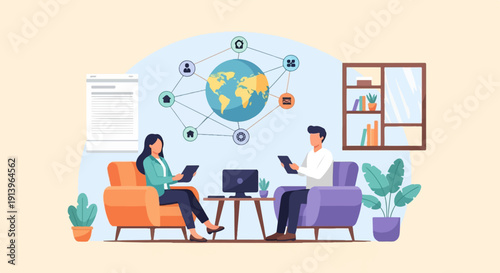 Two people in comfortable chairs look at tablets, with a globe and network connections overhead