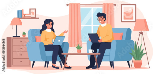 Two people in comfortable chairs with laptops and plants in room