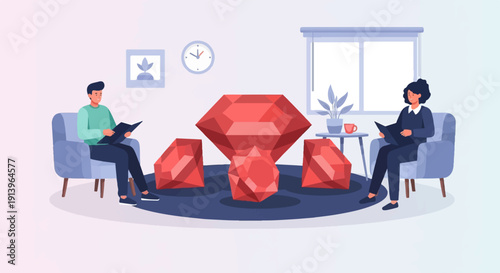 Two people in comfortable chairs reading books by large ruby gems