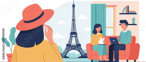 Two contrasting scenes Paris landmark and cozy home interior