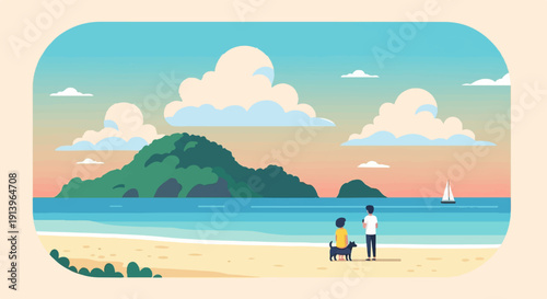 Two people and a dog on a sandy beach with a sailboat and island