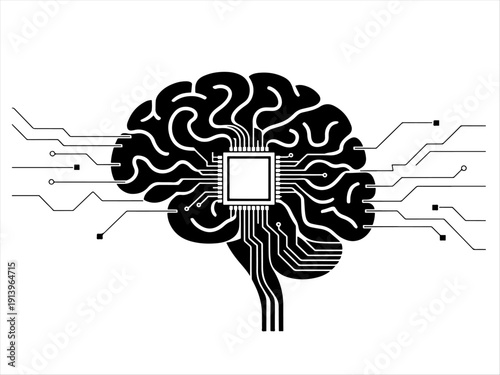 Brain with central microchip, circuit lines radiating outward, symbolizing AI-human fusion.