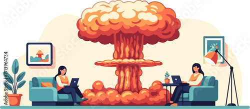 Two people calmly work on laptops in a room with a nuclear explosion in background
