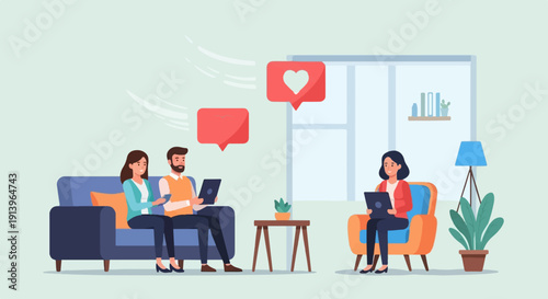 Two couples relax on couches, interacting with devices amidst chat bubbles