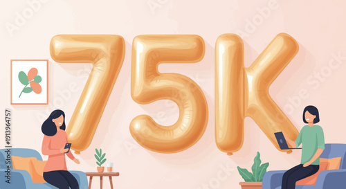 Two people celebrate 75K milestone with balloons in a cozy room