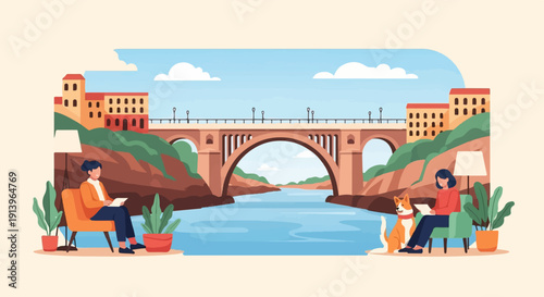 Two people and a dog relax by a river under a grand bridge