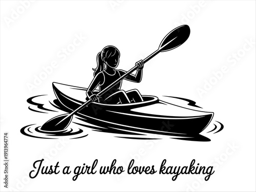 Girl kayaking with paddle, ripples around boat highlight motion and outdoor adventure.