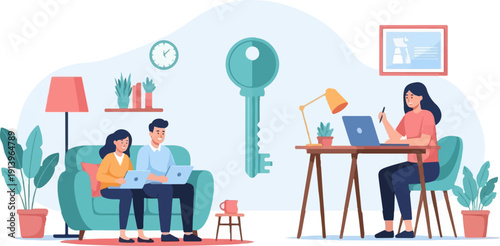 Two couples work on laptops at home, one on couch, one at desk