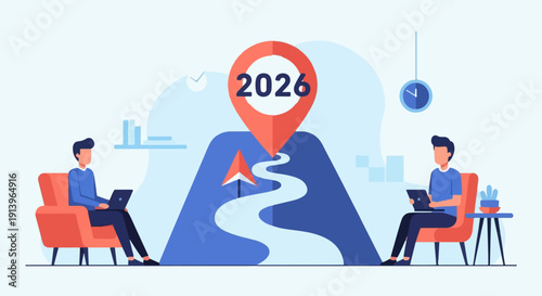 Two individuals work remotely, with a map pin marking the year 2026