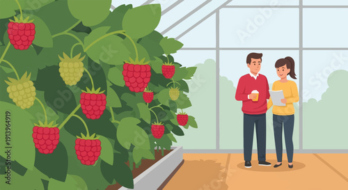 Two people in greenhouse with raspberry plants and drink