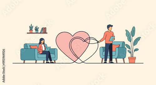 Two people connected by heart strings, one working on laptop, other with tablet