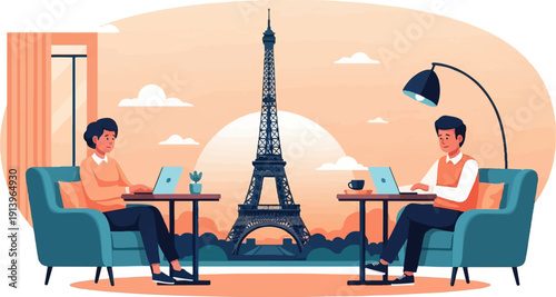 Two individuals work remotely at tables with laptops, Eiffel Tower backdrop