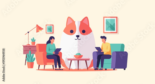 Two people in living room with large dog, enjoying downtime