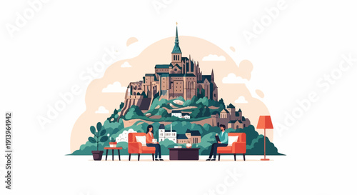 Two people converse comfortably near a grand medieval monastery and village