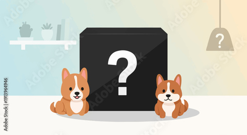 Two cute dogs sitting by a mysterious black box with a question mark