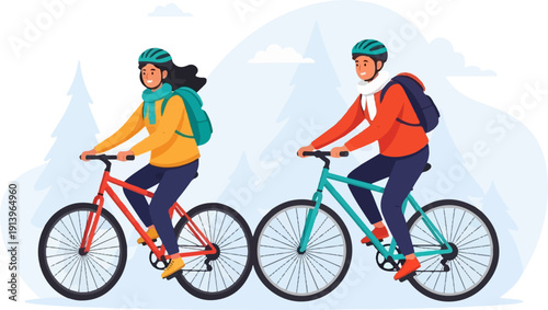 Two cyclists with backpacks and helmets ride bikes in a winter forest