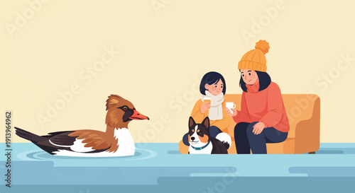 Two people and a dog relax indoors while a duck swims nearby