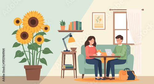 Two people and a dog relax indoors next to sunflowers on a warm day