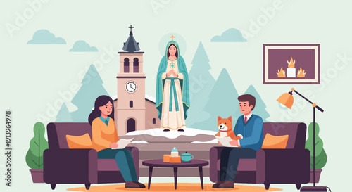 Two people and a dog relax indoors with a religious scene and winter backdrop