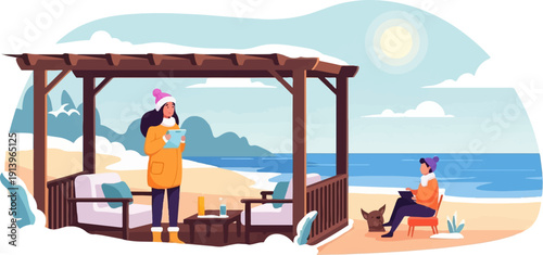 Two people in winter clothes enjoy a sunny day at the beach under a pergola