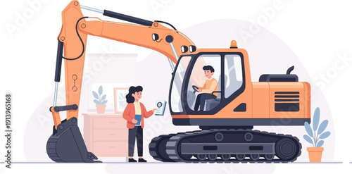 Two people interact beside an orange excavator in an office-like setting