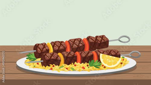 Two meat skewers with rice and lemon on a wooden table