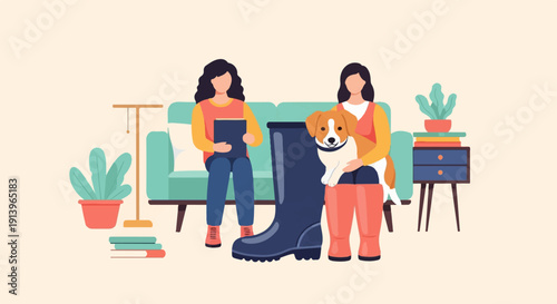 Two people and a dog relax on a sofa next to potted plants and a boot