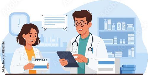 Two medical professionals in a pharmacy discuss information on a tablet