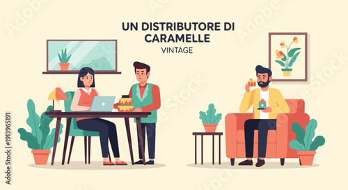 Two people interact in a casual indoor setting, with plants and art visible