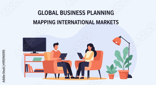 Two people discuss global business planning and international markets in a cozy setting