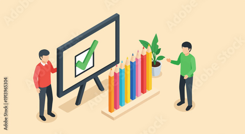 Two people interacting with a screen showing a checkmark, colorful pencils