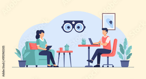 Two people interacting in a room with a framed picture and a large pair of glasses