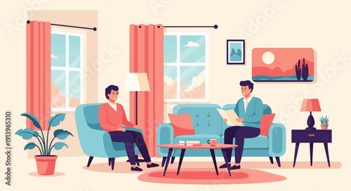 Two men conversing in a brightly lit living room with artwork