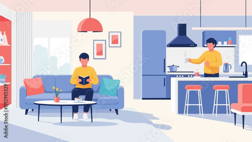 Two men enjoy indoor activities reading and coffee in a modern apartment