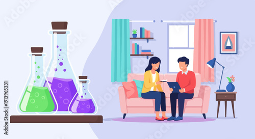 Two people interacting with technology in a room with lab equipment nearby