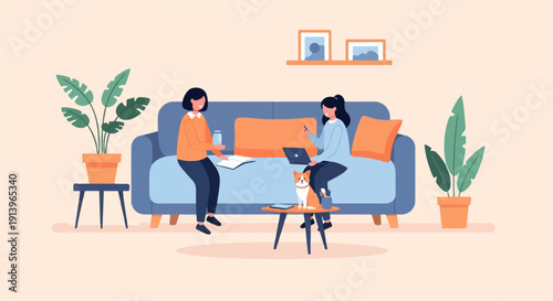 Two people and a dog relaxing on a couch, with plants and artwork