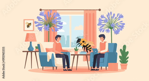 Two men in a living room with a large bee and flowers