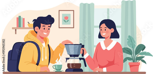 Two people making coffee in a kitchen with plants and books