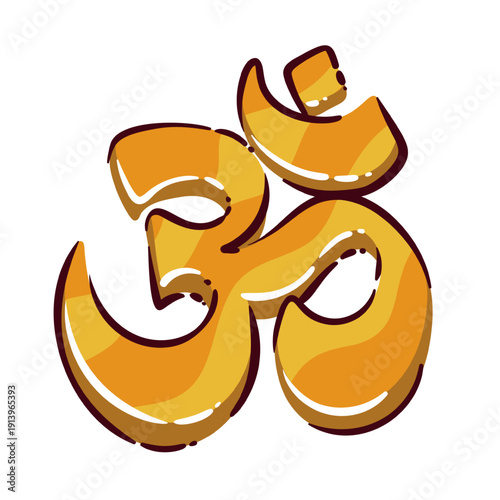 Om symbol icon. Sacred hindu sign, spiritual emblem, rounded shapes, smooth curves, golden tone, cultural detail. Om symbol meditation sign, cartoon doodle vector illustration.