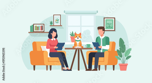 Two people and a dog sit in armchairs with tablets and a coffee