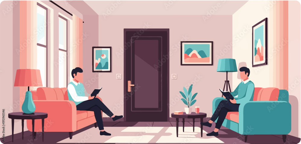 Fototapeta premium Two men relax in a cozy living room, reading books on plush sofas by lamplight