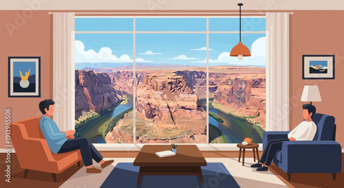 Two men relax in armchairs inside, gazing at a vast canyon vista through a window