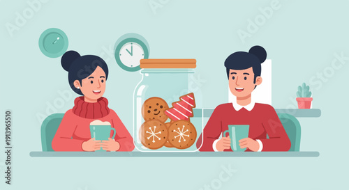 Two people enjoying a holiday cookie jar and hot drinks