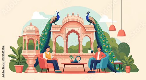 Two men relax in a decorative patio with peacocks and plants