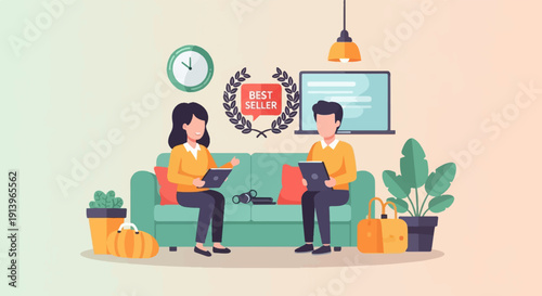 Two people on a couch review work, with "best seller" award
