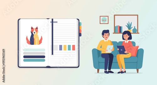 Two people on a couch look at tablets near an open notebook with a dog portrait