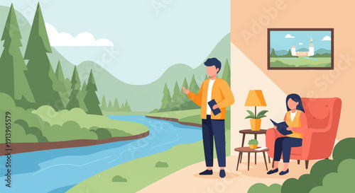 Two people enjoying different settings, one in nature, one indoors with art